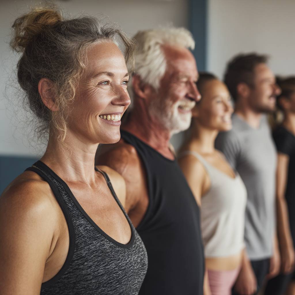 Group of smiling Ukrainian adults of various ages engaging in outdoor fitness activities in a park setting