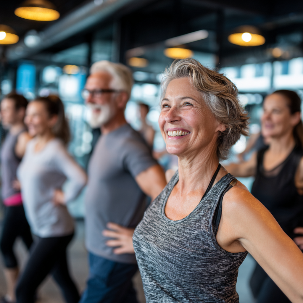 Ukrainian adults practicing preventive exercises in a bright, well-ventilated room with natural lighting